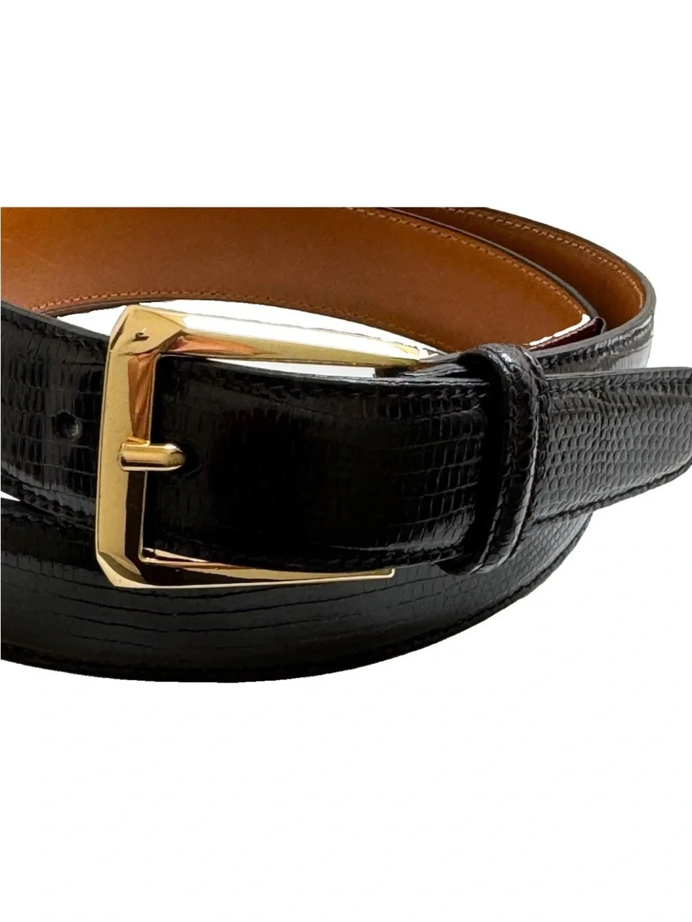 Trafalgar Premiere Java Lizard Leather Belt Mens 34 Black Gold Buckle Handmade